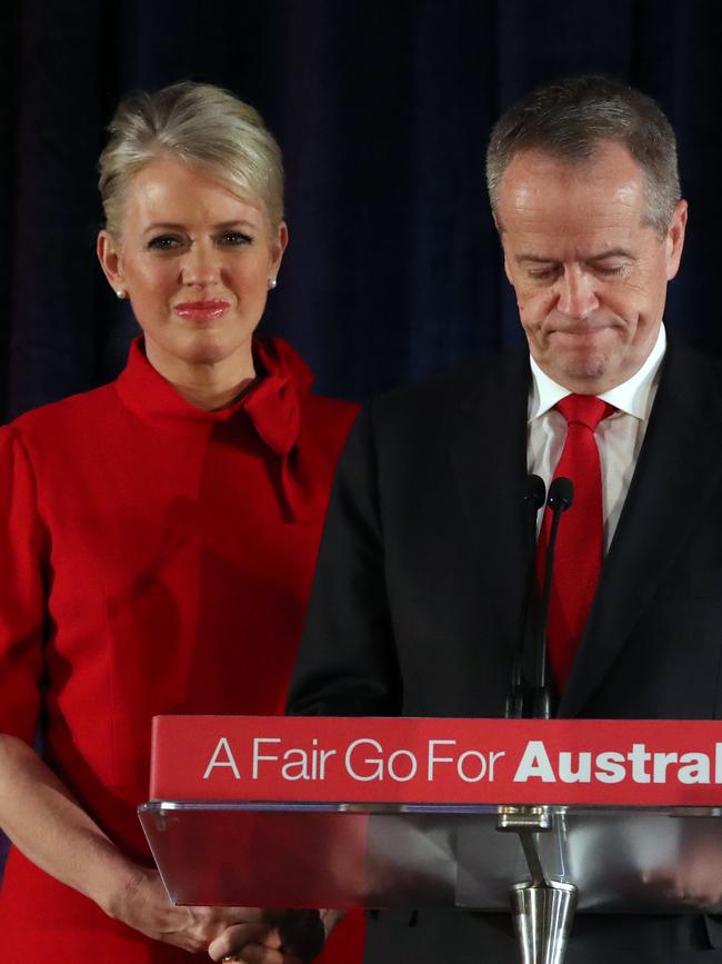 Bill Shorten, with his wife Chloe, concedes defeat. Picture: AAP