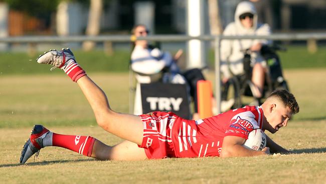 RLGC Round 3 match from Robert Dalley Park. A Grade; Helensvale Hornets vs. Currumbin Eagles. Lachlan Smith scoring a try. 23 May 2021 Helensvale Picture by Richard Gosling