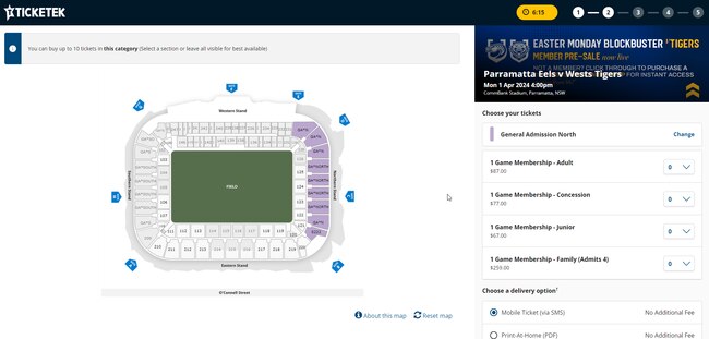 A single adult ticket costs a minimum $87 for this year's Easter Monday clash between Parramatta and the Wests Tigers at CommBank Stadium. Credit: Ticketek.