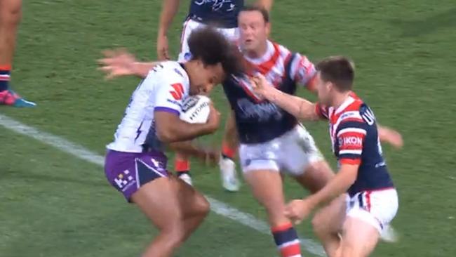 Luke Keary (right) takes a chunk of Felise Kaufusi’s hair.