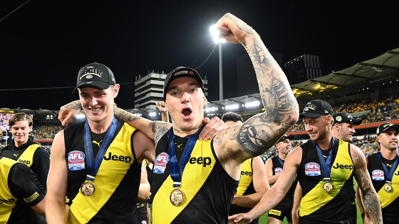 David Astbury and Dustin Martin celebrate after the 2020 Grand Final. Picture: Quinn Rooney/Getty Images