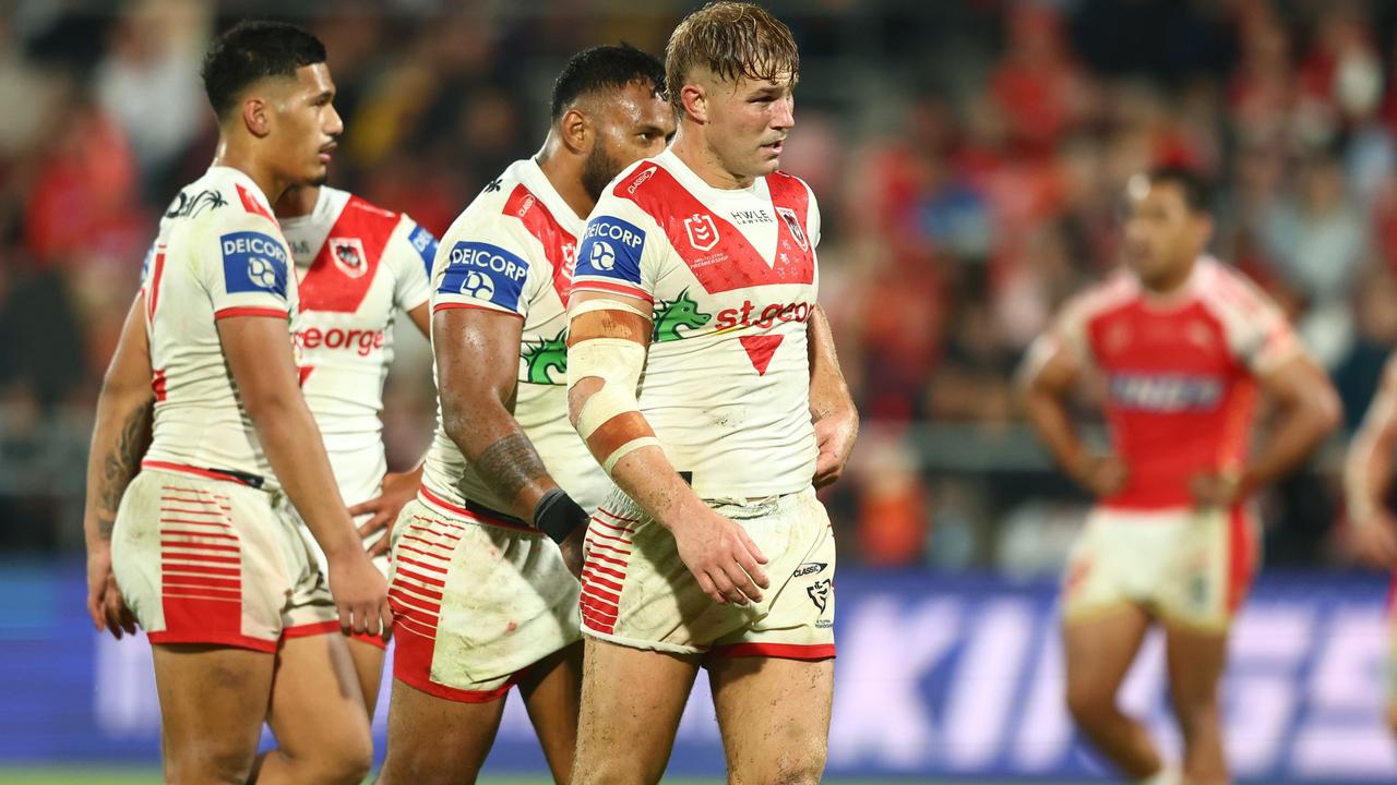 BRISBANE, AUSTRALIA - MAY 25: Jack de Belin of the Dragons looks on during the round 13 NRL match between the Dolphins and St George Illawarra Dragons at Moreton Daily Stadium on May 25, 2023 in Brisbane, Australia. (Photo by Chris Hyde/Getty Images)