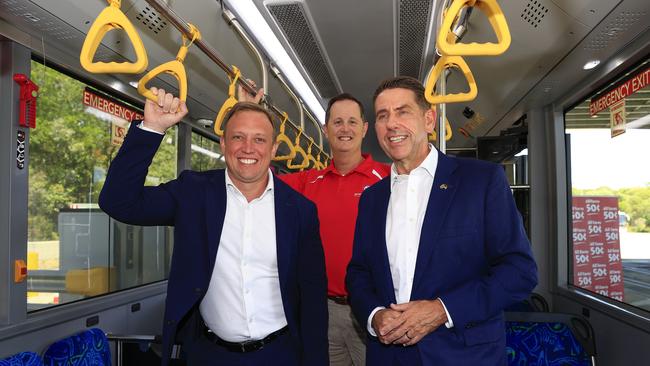 Queensland Premier Steven Miles, left, and Deputy Premier Cameron Dick, right, in Caloundra with local MP Jason Hunt. Picture: Adam Head