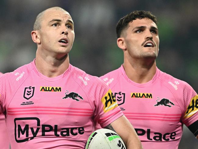 MELBOURNE, AUSTRALIA - MARCH 08:  Dylan Edwards and Nathan Cleary of the Panthers look on during the round one NRL match between Melbourne Storm and Penrith Panthers at AAMI Park on March 08, 2024, in Melbourne, Australia. (Photo by Quinn Rooney/Getty Images)