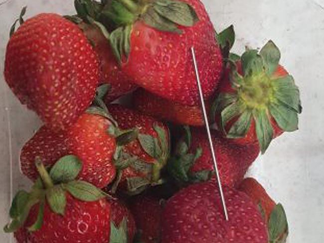 A needle found in a punnet of strawberries in Queensland. There have now been four confirmed cases in NSW. Picture: AAP Image/QLD Police