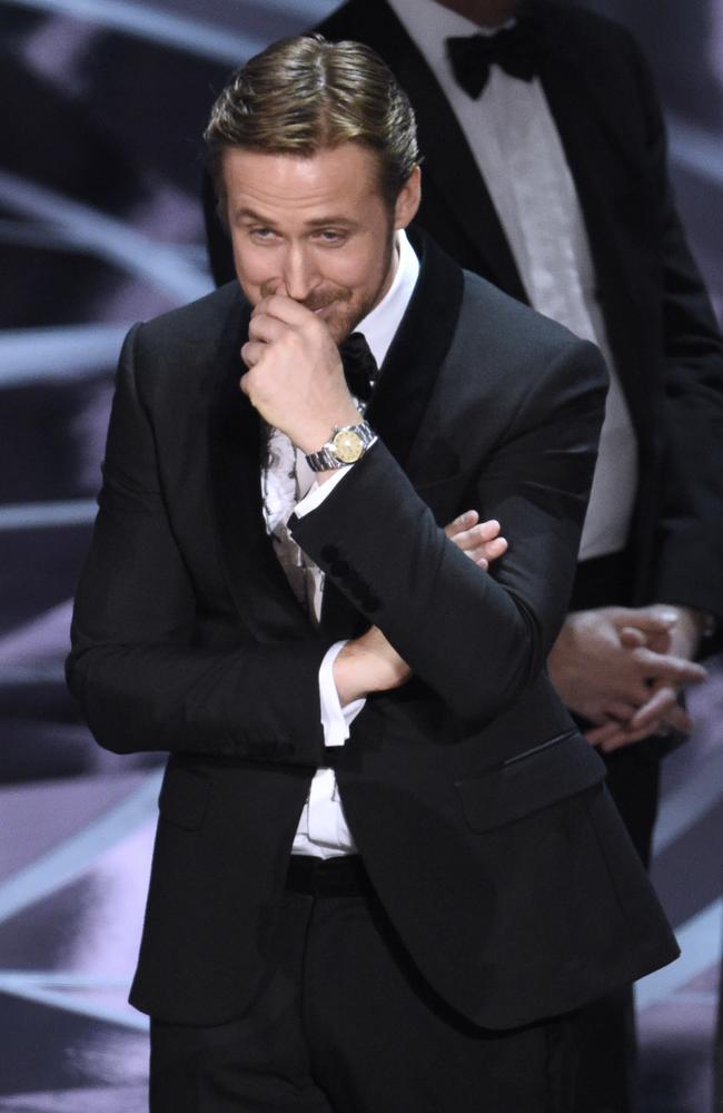 Ryan Gosling reacts as the true winner of “Best Picture” is announced during the 89th Annual Academy Awards on February 26, 2017 in Hollywood. Picture: AP