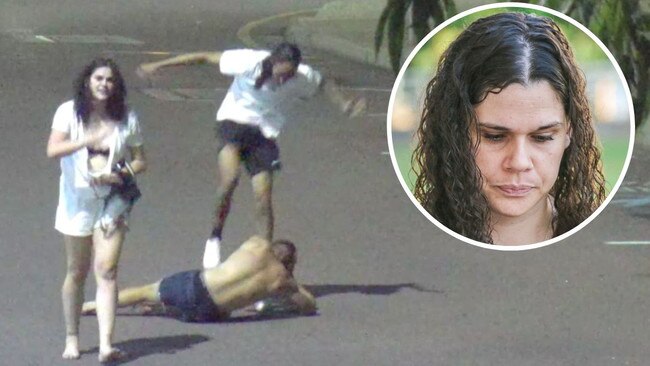 Tayarrah Morris in CCTV footage of the attack and (inset) outside court. Picture: Glenn Campbell