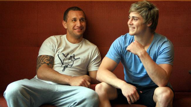 James O’Connor relaxes with fellow Wallaby Quade Cooper before the 2010 Bledisloe Cup match against New Zealand at ANZ Stadium in 2010. Picture: Mark Evans