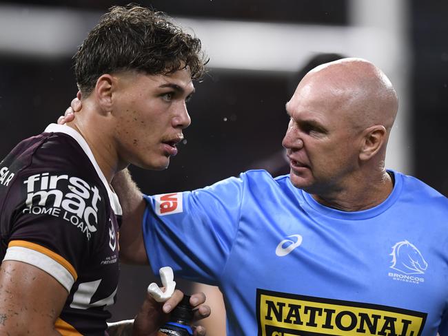 Broncos legend and trainer Allan Langer with Reece Walsh. Picture NRL