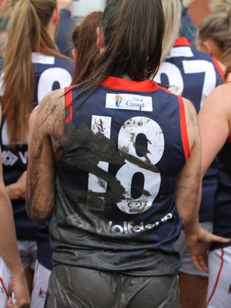 The mud on the back of a jumper of a Casey Demons VFLW player. Picture: Casey Demons/Instagram.