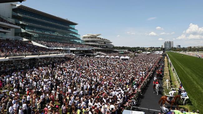 The field heads out for the Melbourne Cup in front of huge crowd at Flemington in 2023. Photo: Michael Klein.