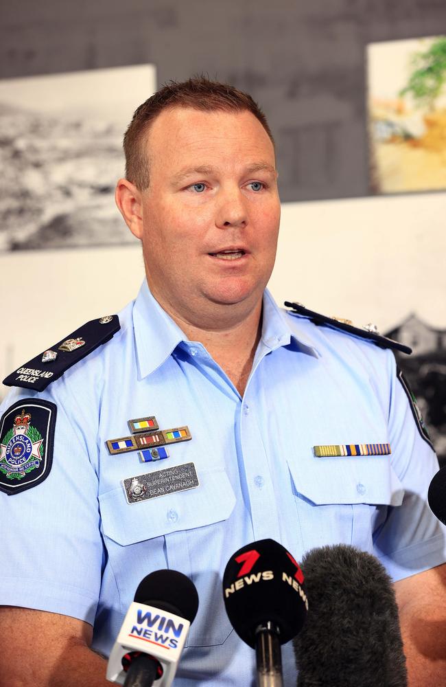 Acting Superintendent Dean Cavanagh speaks the Townsville Local Disaster and Coordination Centre about the upcoming cyclone for the area. Picture: Adam Head