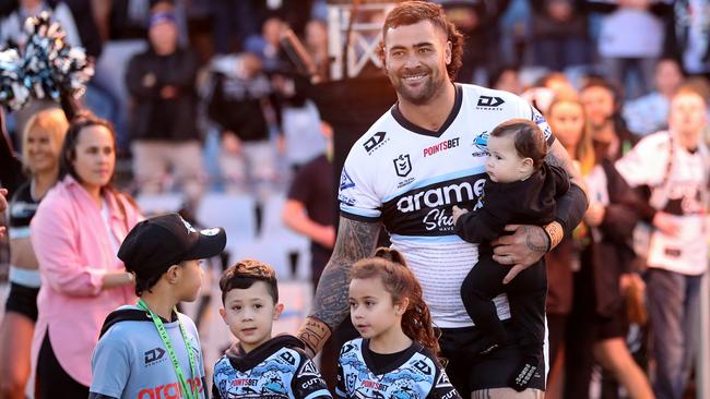 Andrew Fifita walked onto the field with his family before kick-off. Picture: Brendon Thorne/Getty Images