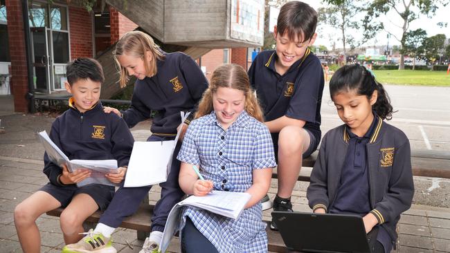 Year 5 students at Goodwood Primary School, Thomas, 10, Tas, 10, Georgia,10, Callum, 11, and Aapti, 10. Picture: Dean Martin