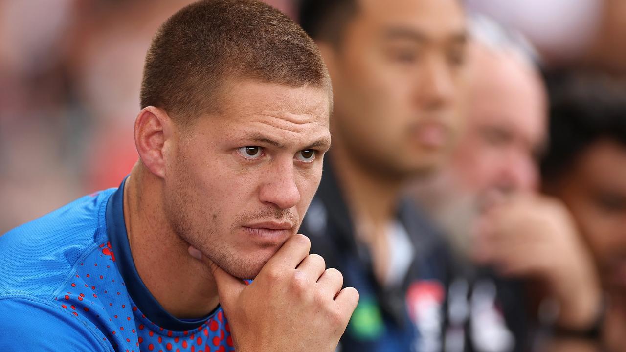 Kalyn Ponga watches on from the bench after he was concussed during Newcastle’s round 2 clash with Wests Tigers at Leichhardt Oval. Picture: Getty Images