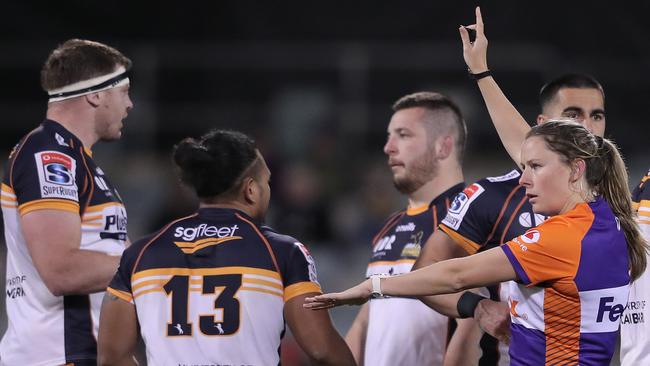 Referee Amy Perrett calls a penalty against the Brumbies at GIO Stadium. Picture: Getty Images