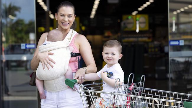 Jess Waterson from Ascot with six-month-old Oliver and 18-month-old Jack at Woolworths Ascot – Picture: Richard Walker