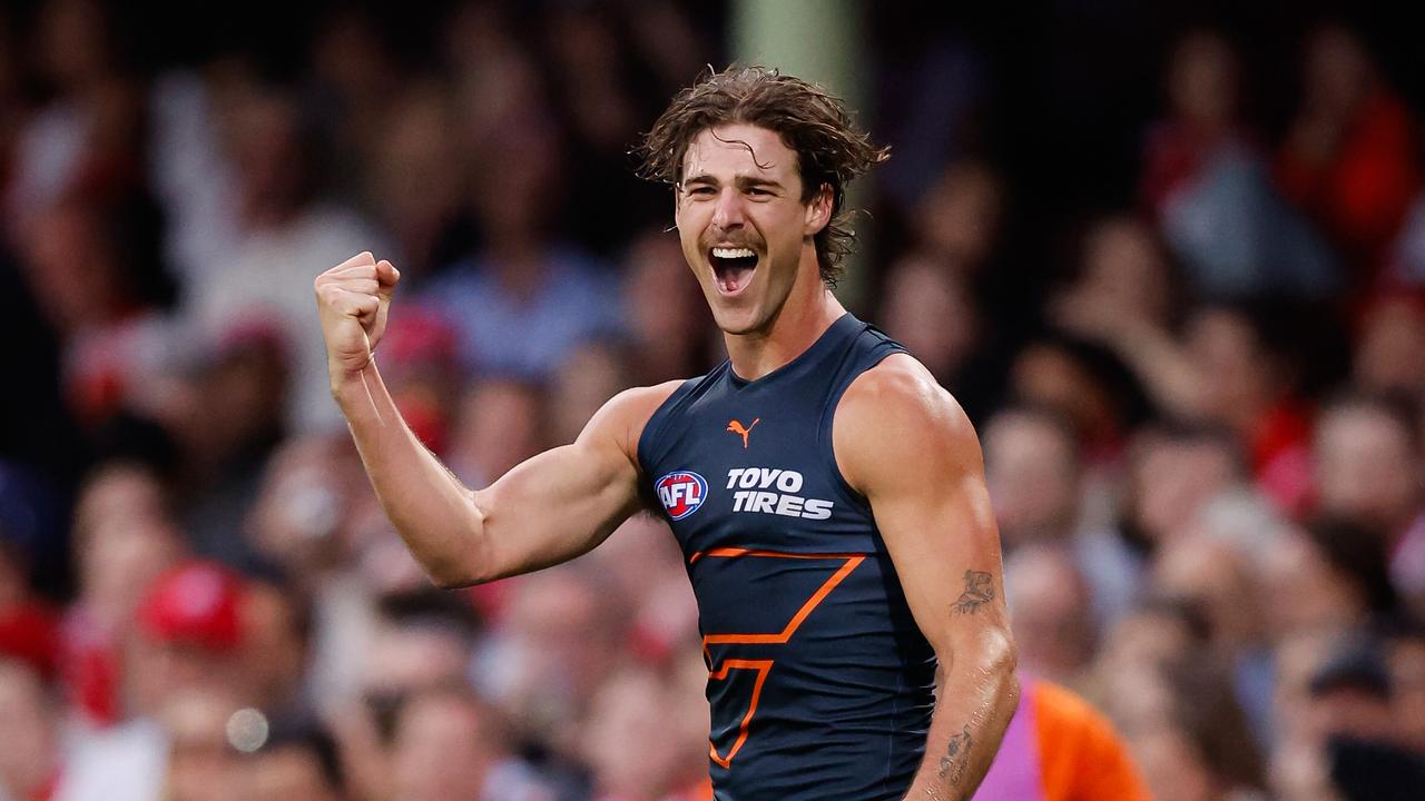 SYDNEY, AUSTRALIA - SEPTEMBER 07: James Peatling of the Giants celebrates a goal during the 2024 AFL First Qualifying Final match between the Sydney Swans and the GWS GIANTS at The Sydney Cricket Ground on September 07, 2024 in Sydney, Australia. (Photo by Dylan Burns/AFL Photos via Getty Images)