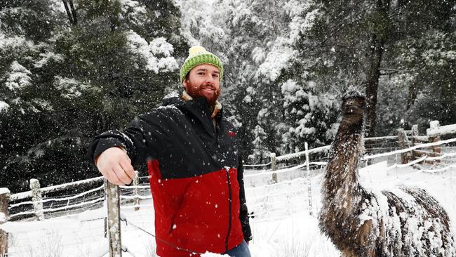 Elliot McLaine of Kaoota enjoys the snow with emu called Chook Chook. Picture: Zak Simmonds
