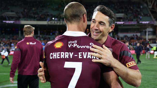 Daly Cherry-Evans and Maroons coach Billy Slater celebrate winning Game 1. (Photo by Cameron Spencer/Getty Images)