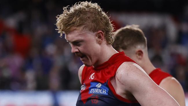 MELBOURNE, AUSTRALIA - AUGUST 02:  A dejected Clayton Oliver of the Demons is seen the round 21 AFL match between Footscray Football Club and Melbourne Demons at Marvel Stadium, on August 02, 2024, in Melbourne, Australia. (Photo by Darrian Traynor/Getty Images)