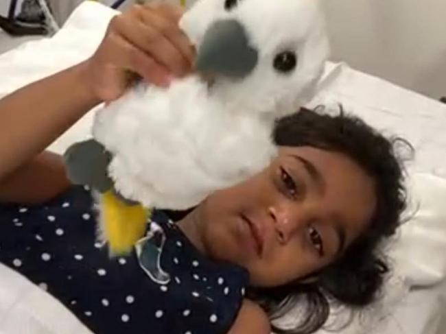 Tharnicaa is being treated in a Perth Hospital after being ill for two weeks on Christmas Island where the family is being detained. Picture: Supplied