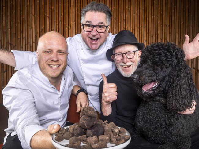 Truffle Festival is back with chefs Guy Grossi, Jesse Gerner, Truffle Melbourne founder Nigel Wood and Pompy the truffle dog. Picture: Wayne Taylor