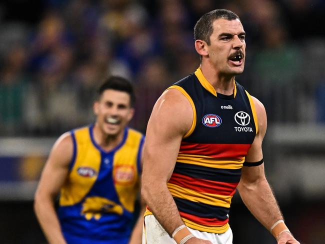 PERTH, AUSTRALIA - AUGUST 26: Taylor Walker of the Crows rues missing a shot on goal during the 2023 AFL Round 24 match between the West Coast Eagles and the Adelaide Crows at Optus Stadium on August 26, 2023 in Perth, Australia. (Photo by Daniel Carson/AFL Photos via Getty Images)