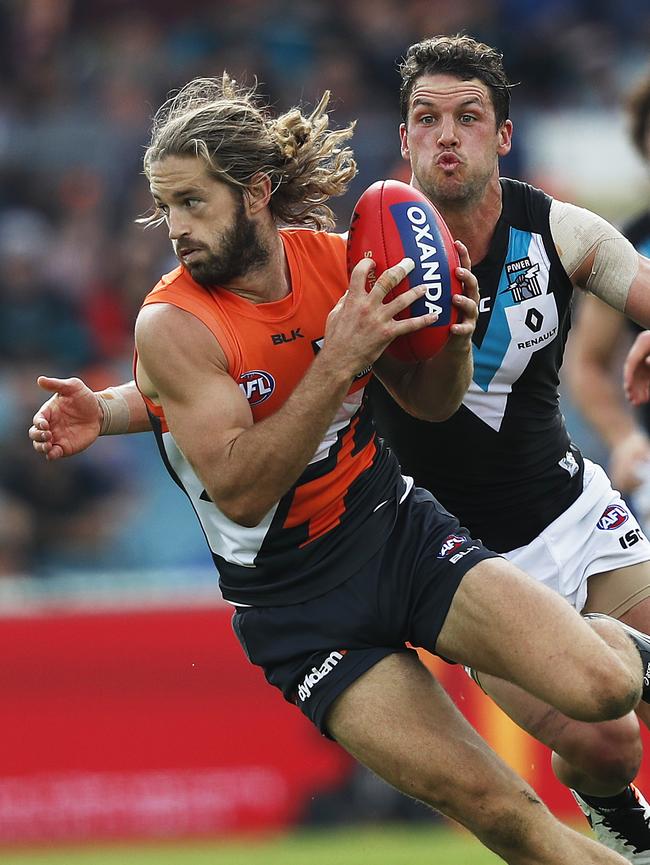 Callan Ward cool under pressure from Travis Boak. Picture: Phil Hillyard