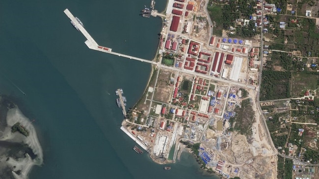 This satellite photo taken by Planet Labs PBC shows two Chinese corvettes docked at the Ream Naval Base on the Gulf of Thailand on May 8, 2024. File Image/Planet Labs PBC via AP