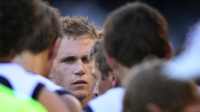 A focused Joel Selwood at the three quarter-time huddle on debut.