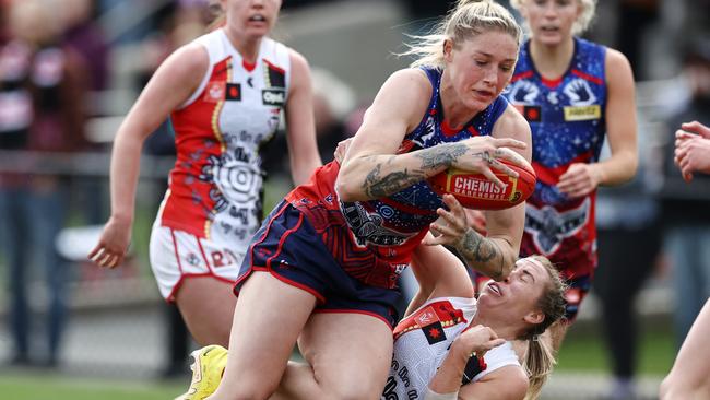 Tayla Harris tries to barge her way through a St Kilda player. Picture: Michael Klein