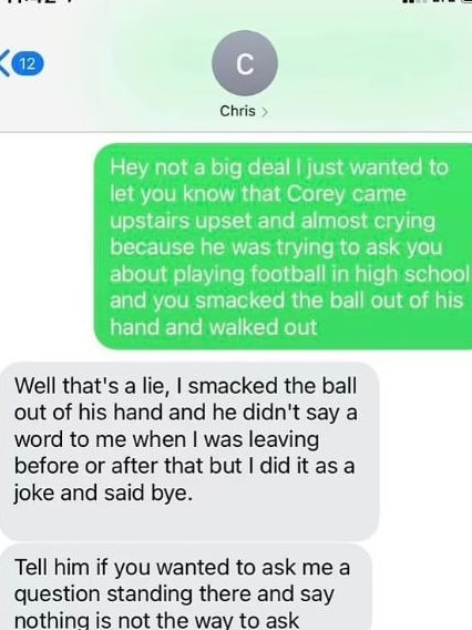 More texts show that Gregor admitted to whacking a ball out of the hands of his son but that it was a 'joke'. Picture: Facebook