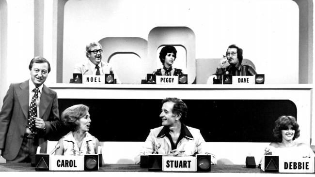 Blankety Blanks host Graham Kennedy with celebrity contestants, top L-R actor Noel Ferrier, singer Peggy Toppano, comedian "Ugly" Dave Gray, bottom L-R actor Carol Raye, actor Stuart Wagstaff &amp; singer Debra Byrne.