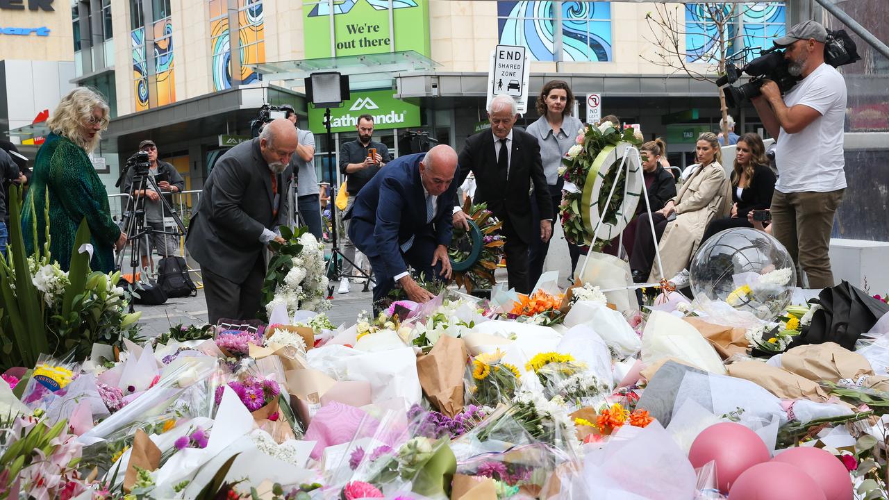 Mayor of Waverley Paula Masselos, Deputy Mayor of Blacktown Chris Quilkey, Lord Mayor Pierre Esber, Mayor of Hornsby Philip Ruddock and Allegra Spender gather to pay respects to the lives lost at Bondi Junction. Picture: NCA Newswire / Gaye Gerard