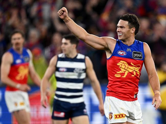 MELBOURNE, AUSTRALIA - SEPTEMBER 21: Cam Rayner of the Lions celebrates kicking a goal during the AFL Preliminary Final match between Geelong Cats and Brisbane Lions at Melbourne Cricket Ground, on September 21, 2024, in Melbourne, Australia. (Photo by Quinn Rooney/Getty Images)