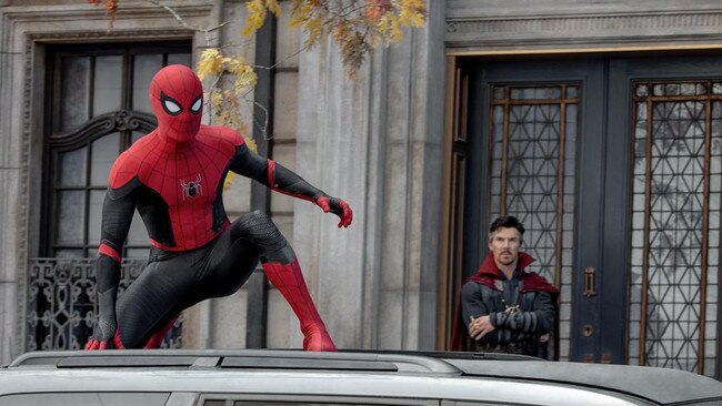 Doctor Strange (Benedict Cumberbatch) looks on at Spider-Man in the new movie.