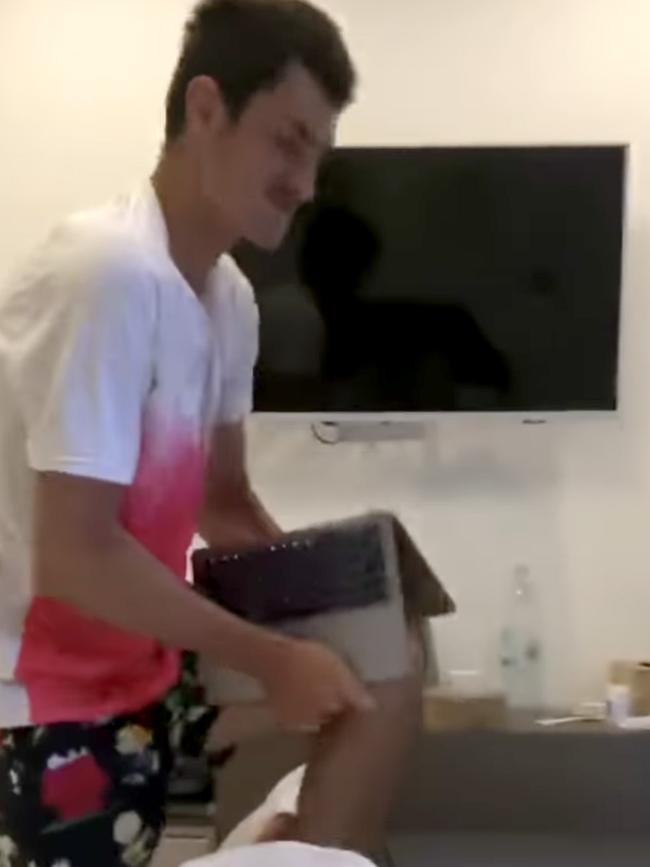 Australian Tennis player Bernie Tomic is filmed by his girlfriend Vanessa Sierra having a tantrum, smashing her laptop and phone. Picture: Instagram.