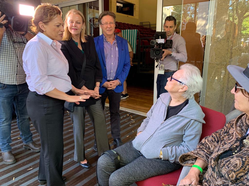 Acting Premier Jackie Trad speaks with residents at the J Noosa evacuation centre. Picture: Patrick Billings