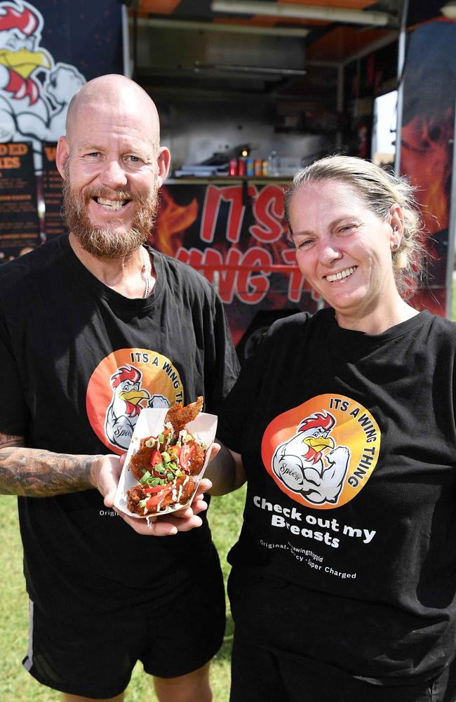 Chuck Norris and Peta Hillier from Itsa Wing Thing at Picnic by the Lake, Kawana. Picture: Patrick Woods.