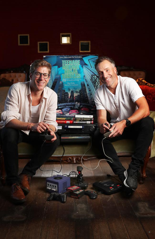 Creator of Rewind Cinema Graziano Di Martino with his brother Dino Di Martino surrounded by their childhood favourite movies. The Rewind Cinema will specialise in films from the '80's and 90's running once a month. Picture: Nikki Davis-Jones