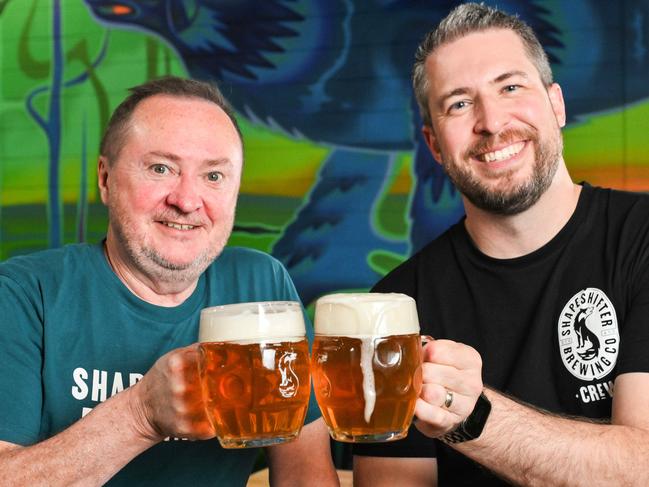 SEPTEMBER 27, 2024: Shapeshifter Brewing Company co-founders Kevin Mulcahy and James McCall with one of their brews. Picture: Brenton Edwards