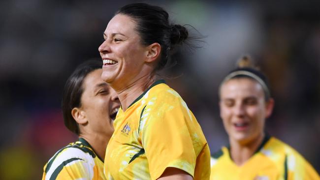 Emily Gielnik celebrates after scoring for the Matildas against Chile. Picture: Getty Images