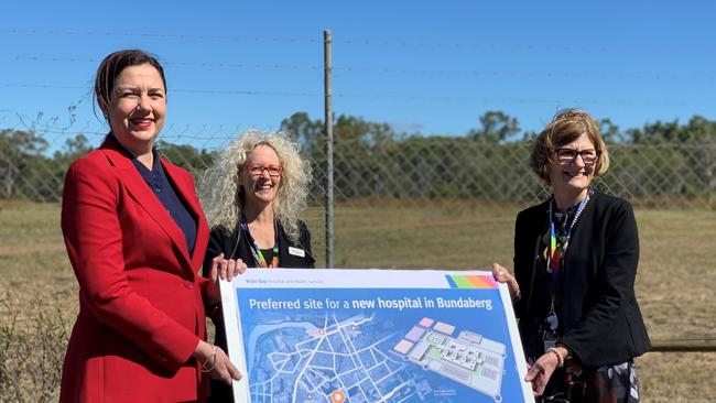 Premier Annastacia Palaszczuk, WBHHS board chair Peta Jamieson and chief executive Debbie Carroll at the preferred site for the new Bundaberg Hospital.