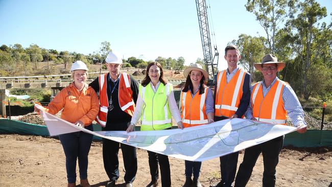 Queensland Premier Annastacia Palaszczuk, Transport Minister Mark Bailey, Rockhampton MP Barry O'Rourke, Keppel MP Brittany Lauga and Main Roads contractors anticipate that workers building the Northern Highway Access Upgrade will be put to work on the Rockhampton Ring Road.