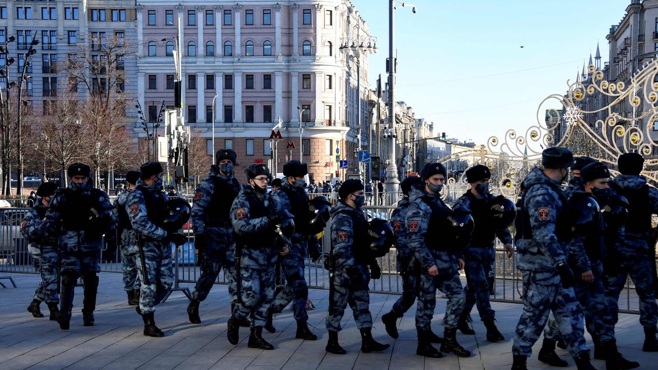 Riot police officers block Moscow's Pushkinskaya Square after a call for a fresh protest against Russia's invasion of Ukraine. Picture: Alexander Nemenov / AFP