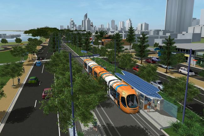 <p>2008: Artist’s impression of a light rail Rapid Transit System on the Gold Coast. View looking north along Gold Coast Highway from Gold Coast Convention and Exhibition Centre at Broadbeach.</p>