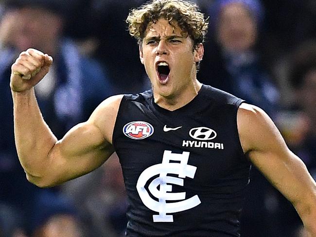 MELBOURNE, AUSTRALIA - JUNE 15: Charlie Curnow of the Blues celebrates kicking a goal during the round 13 AFL match between the Carlton Blues and the Western Bulldogs at Marvel Stadium on June 15, 2019 in Melbourne, Australia. (Photo by Quinn Rooney/Getty Images)