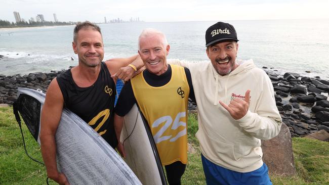 Luke Monroe, John Warn and Nick Atkins at the Surf of Origin at Burleigh Beach. Picture: Annette Dew