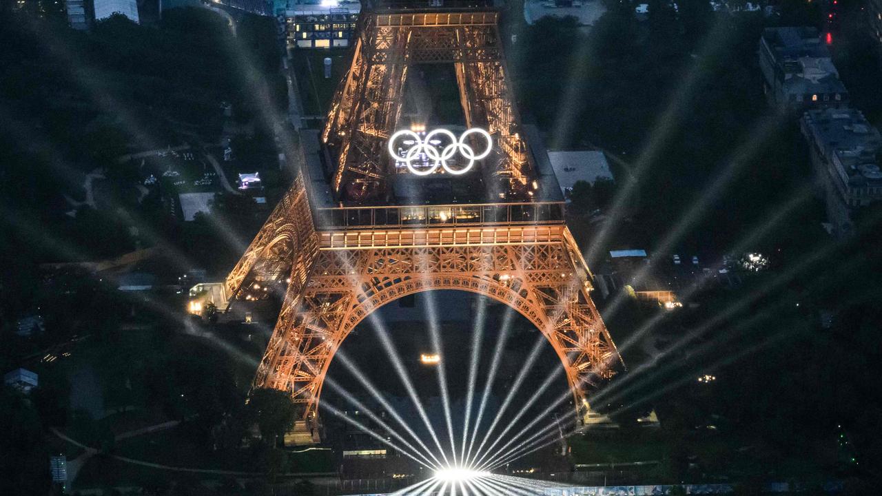 The Eiffel Tower and the Olympics Rings lit up during the opening ceremony of the Paris 2024 Olympic Games. Picture: AFP.